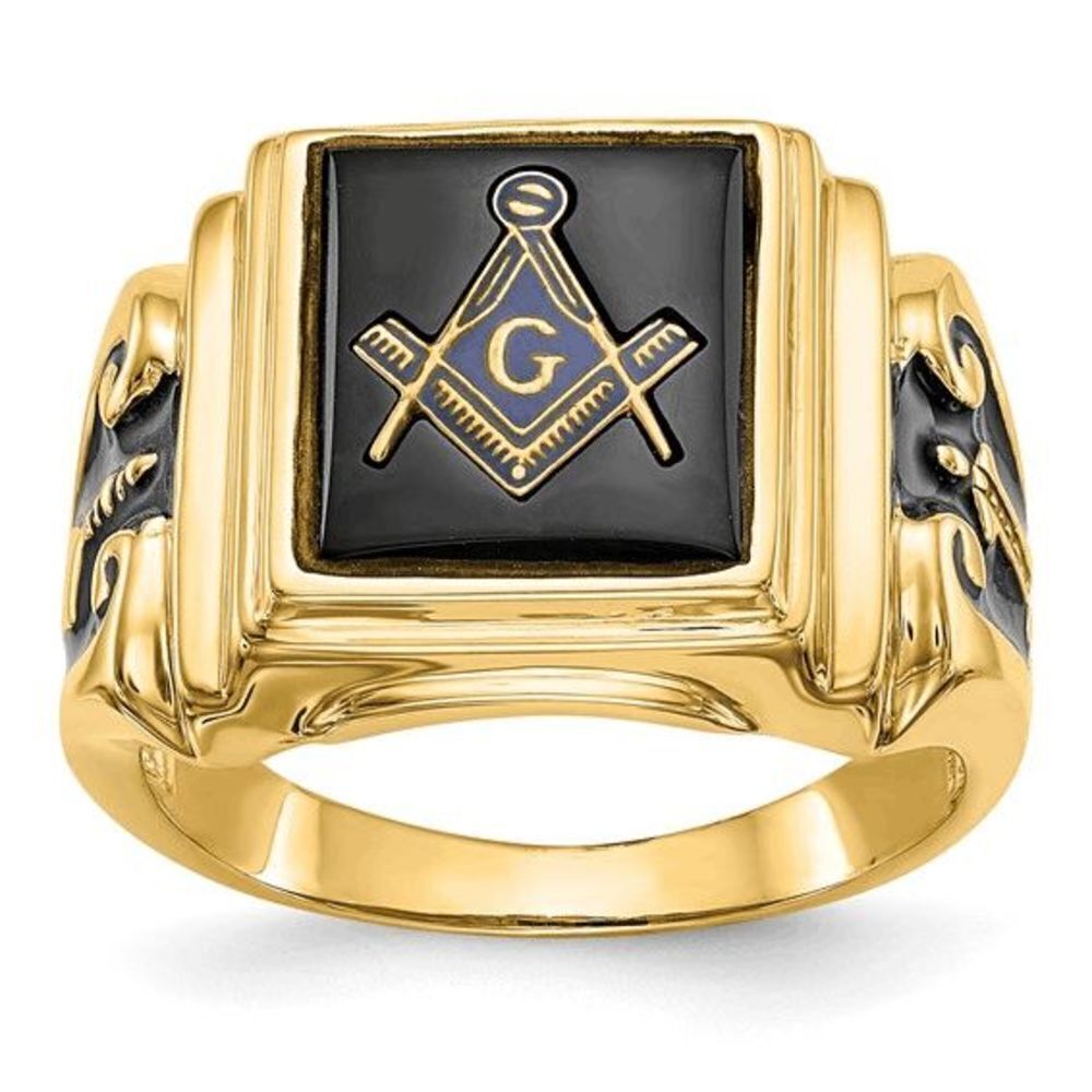 New 10k Men's Polished and Textured with Black Enamel and Onyx Masonic Ring